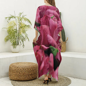 Burgundy Alstroemeria Print Silk V-Neck Kaftan Dress