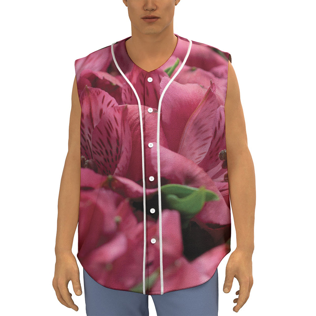 Burgundy Alstroemeria Print Sleeveless Baseball Jersey