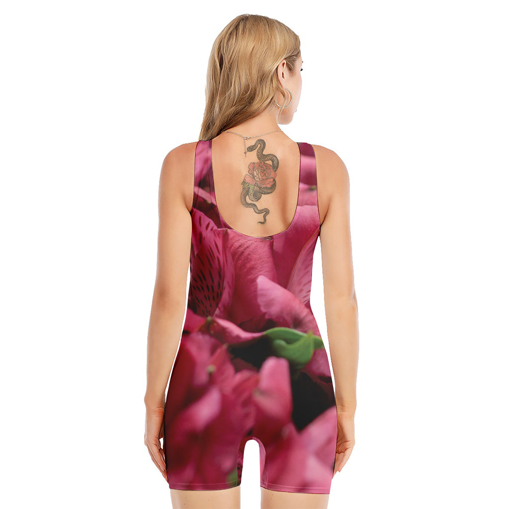 Burgundy Alstroemeria Print Sleeveless One Piece Swimsuit