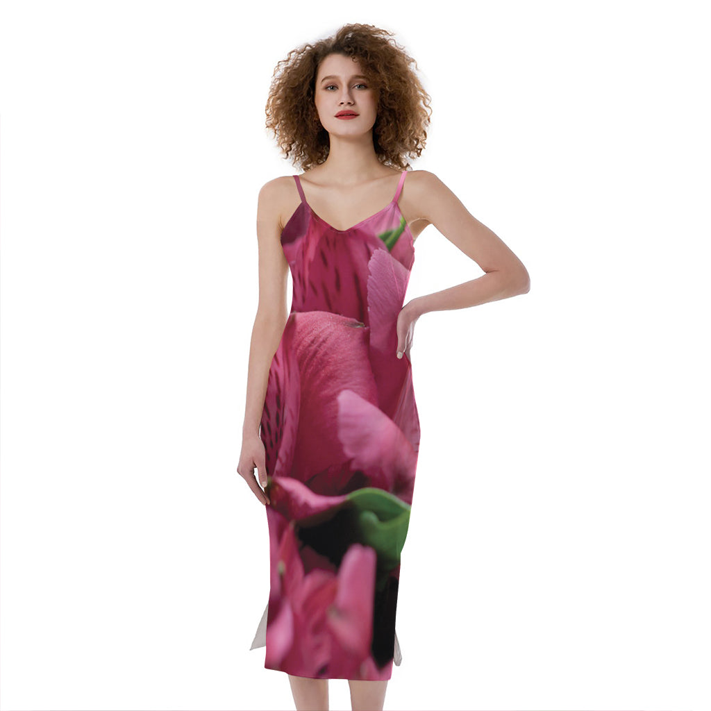 Burgundy Alstroemeria Print Slim Fit Midi Cami Dress