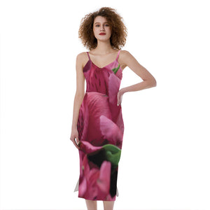 Burgundy Alstroemeria Print Slim Fit Midi Cami Dress