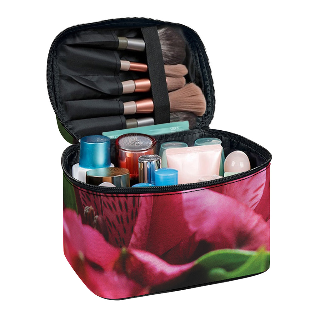 Burgundy Alstroemeria Print Travel Makeup Bag