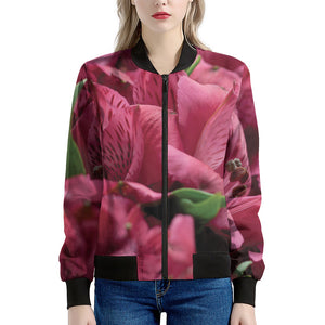 Burgundy Alstroemeria Print Women's Bomber Jacket