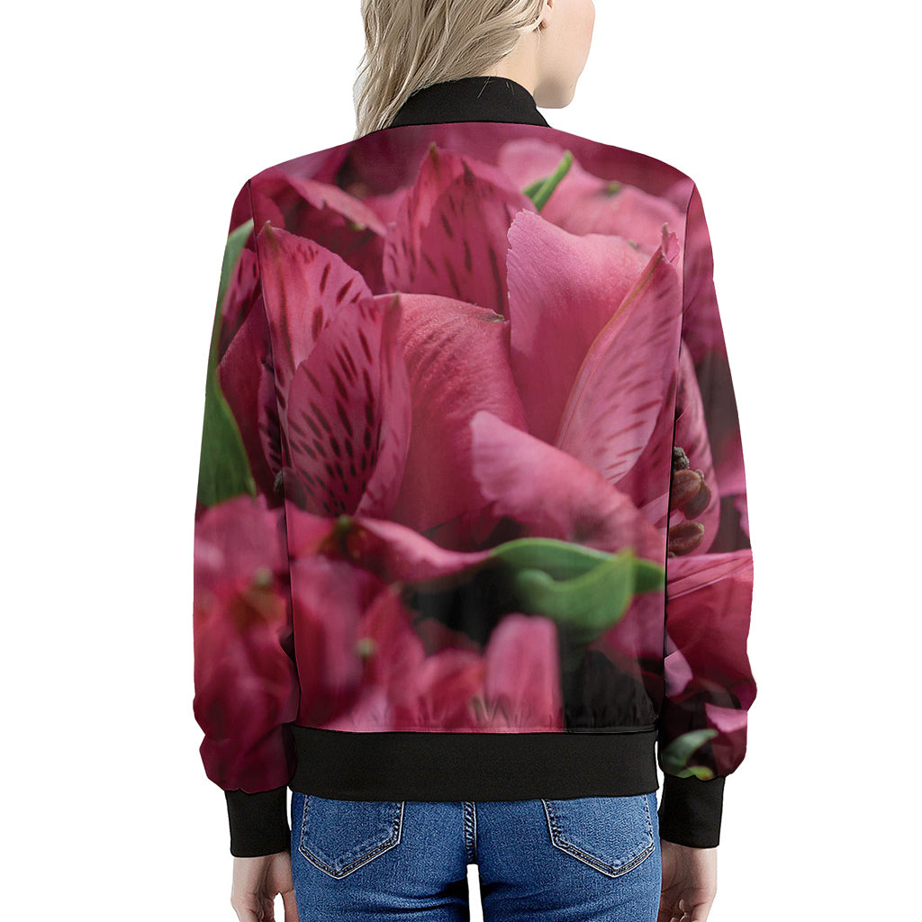 Burgundy Alstroemeria Print Women's Bomber Jacket