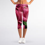 Burgundy Alstroemeria Print Women's Capri Leggings
