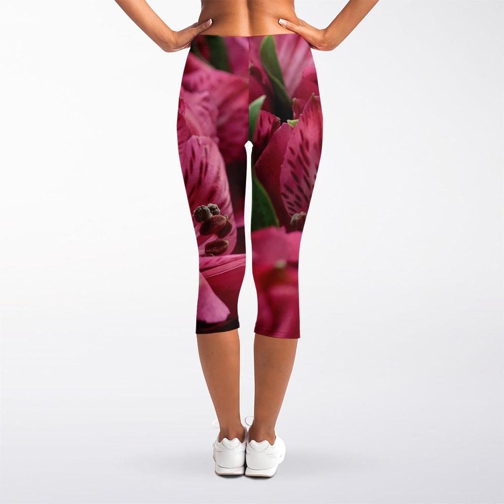 Burgundy Alstroemeria Print Women's Capri Leggings