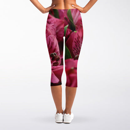 Burgundy Alstroemeria Print Women's Capri Leggings