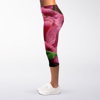 Burgundy Alstroemeria Print Women's Capri Leggings