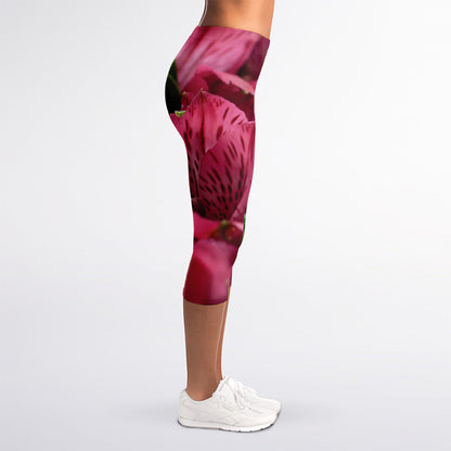 Burgundy Alstroemeria Print Women's Capri Leggings