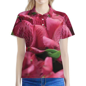 Burgundy Alstroemeria Print Women's Polo Shirt