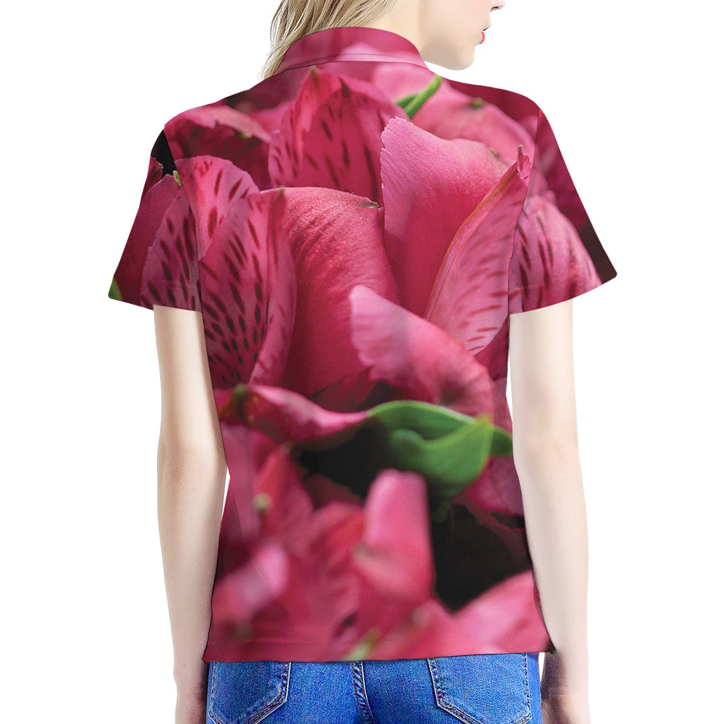 Burgundy Alstroemeria Print Women's Polo Shirt