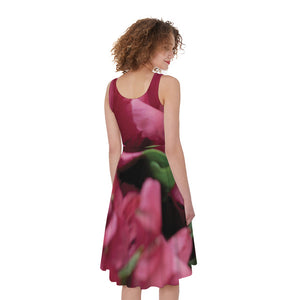 Burgundy Alstroemeria Print Women's Sleeveless Dress