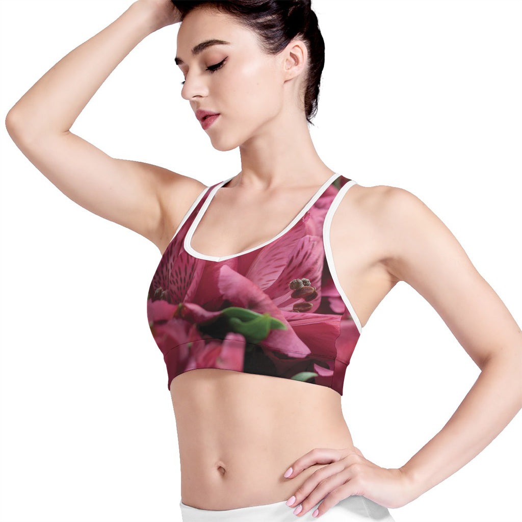 Burgundy Alstroemeria Print Women's Sports Bra