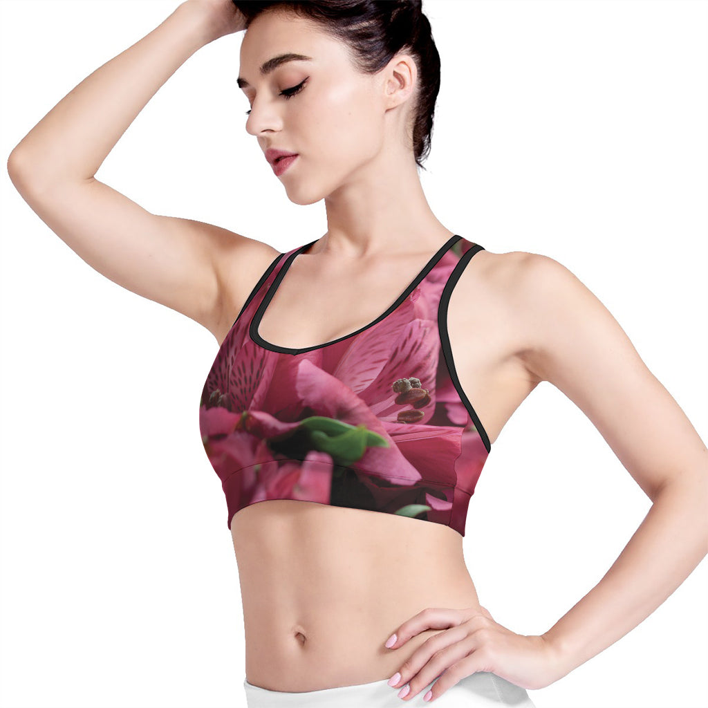 Burgundy Alstroemeria Print Women's Sports Bra