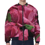 Burgundy Alstroemeria Print Zip Sleeve Bomber Jacket