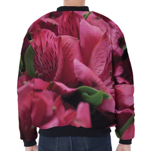 Burgundy Alstroemeria Print Zip Sleeve Bomber Jacket