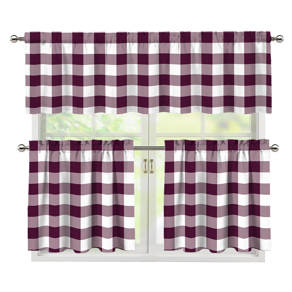 Burgundy And White Check Pattern Print 3 Piece Kitchen Curtains