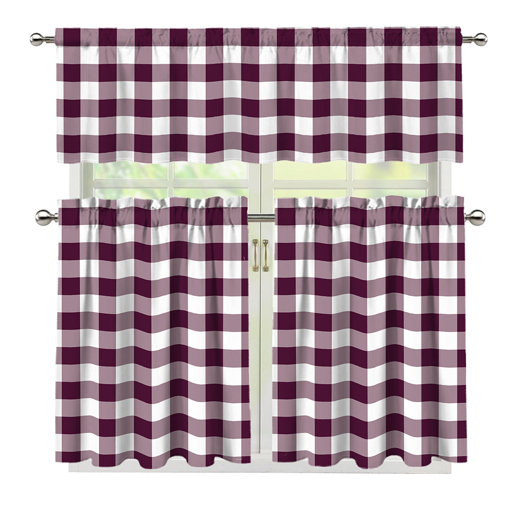 Burgundy And White Check Pattern Print 3 Piece Kitchen Curtains