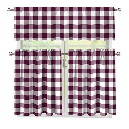 Burgundy And White Check Pattern Print 3 Piece Kitchen Curtains