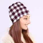 Burgundy And White Check Pattern Print Beanie