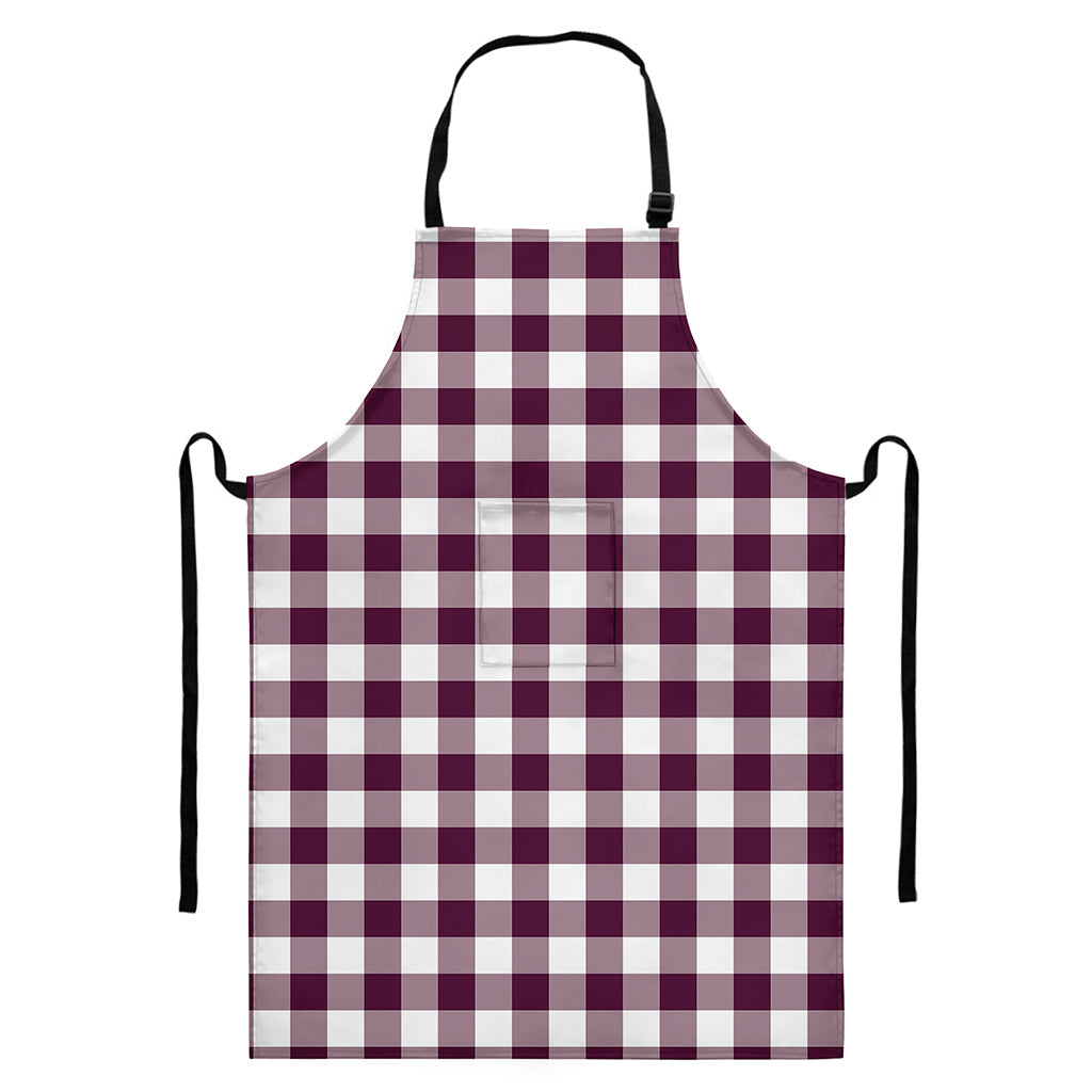 Burgundy And White Check Pattern Print Bib Apron With Pocket