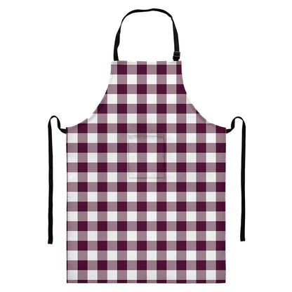 Burgundy And White Check Pattern Print Bib Apron With Pocket