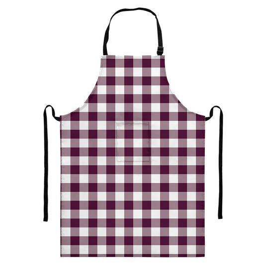 Burgundy And White Check Pattern Print Bib Apron With Pocket