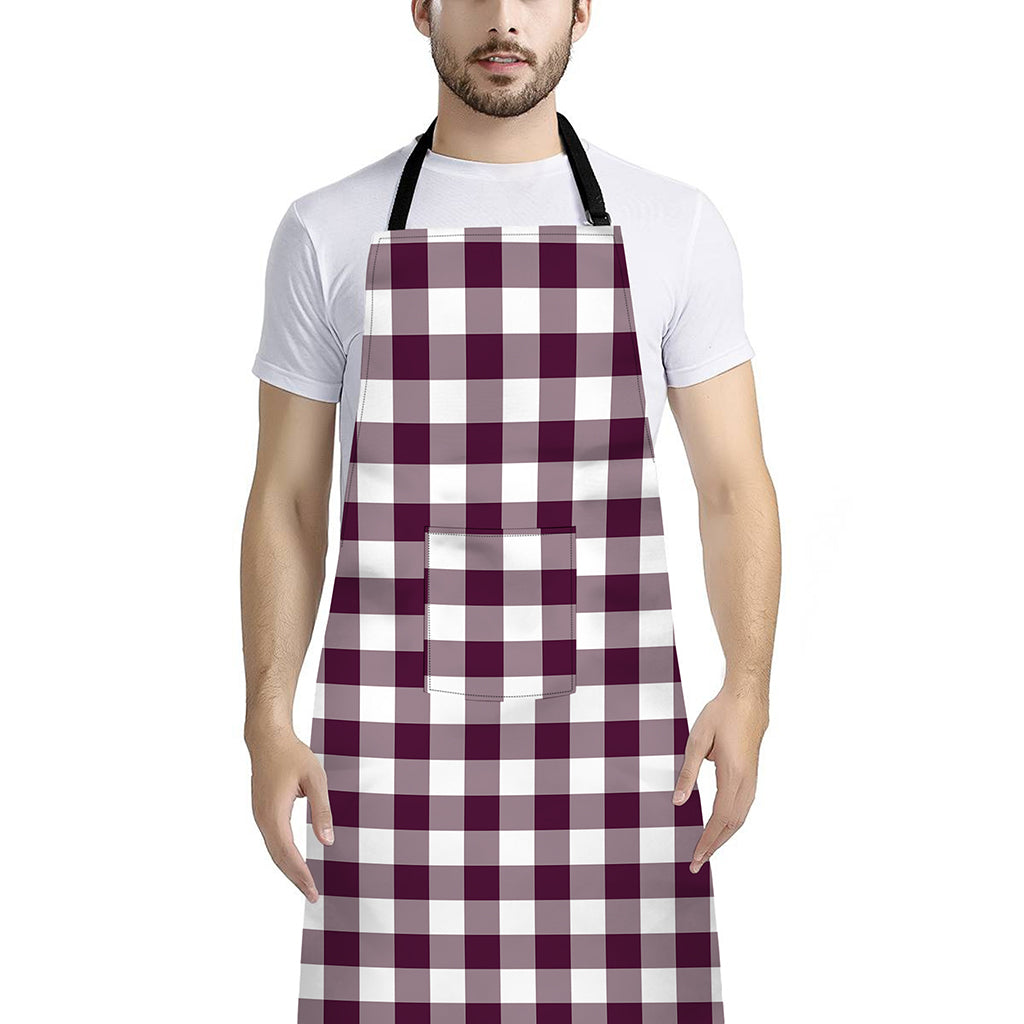 Burgundy And White Check Pattern Print Bib Apron With Pocket