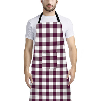 Burgundy And White Check Pattern Print Bib Apron With Pocket