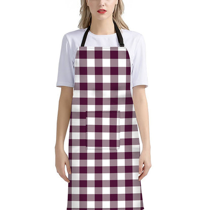 Burgundy And White Check Pattern Print Bib Apron With Pocket
