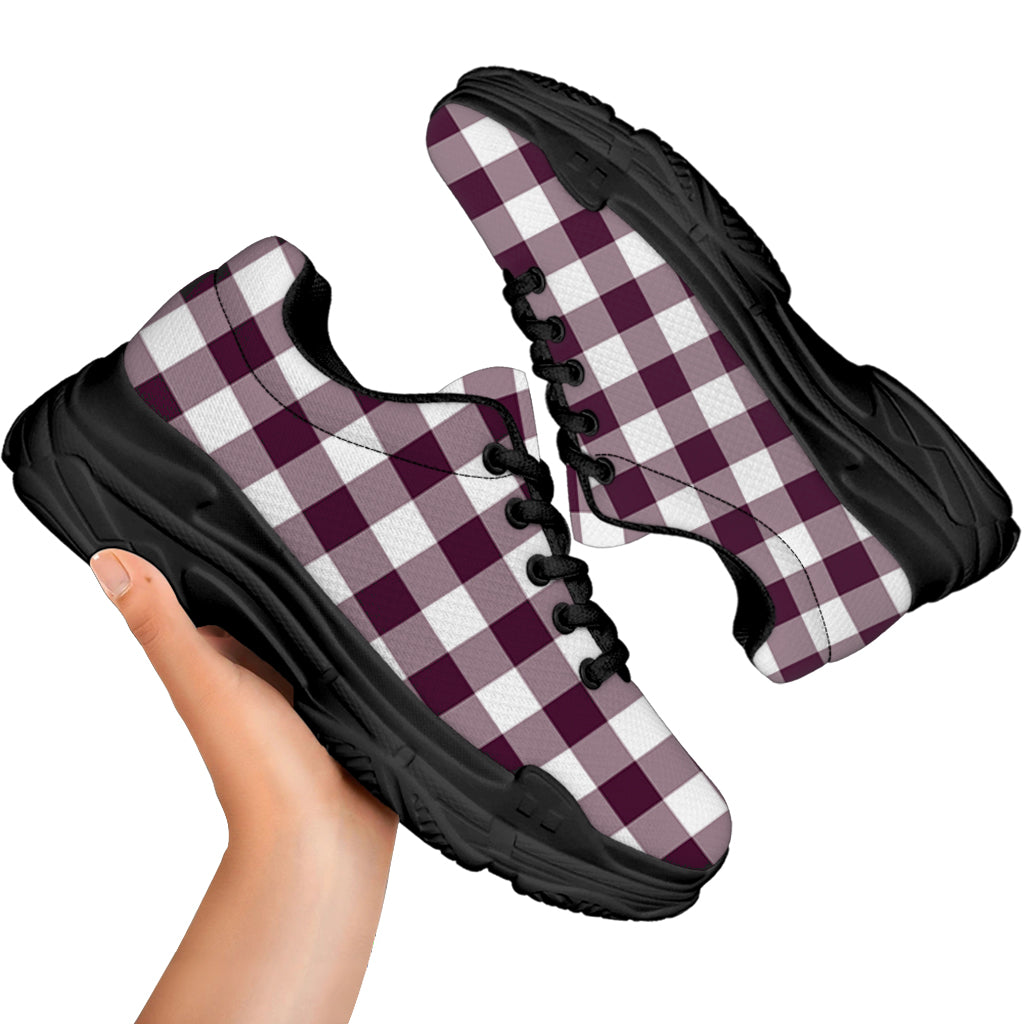 Burgundy And White Check Pattern Print Black Chunky Shoes