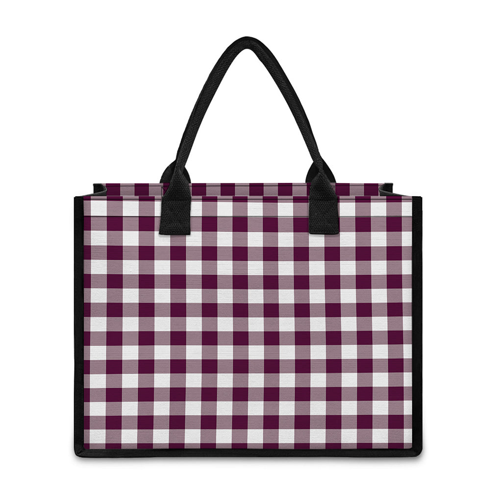 Burgundy And White Check Pattern Print Canvas Tote Bag
