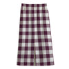 Burgundy And White Check Pattern Print Cotton Front Slit Maxi Skirt