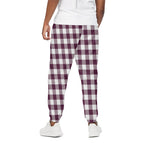 Burgundy And White Check Pattern Print Cotton Pants