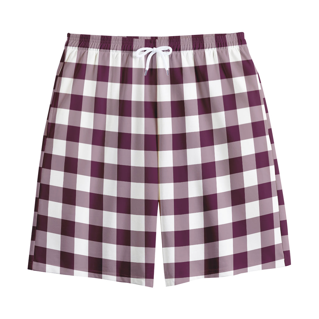 Burgundy And White Check Pattern Print Cotton Shorts