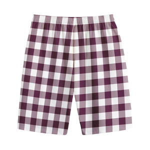 Burgundy And White Check Pattern Print Cotton Shorts