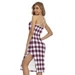 Burgundy And White Check Pattern Print Cross Back Cami Dress