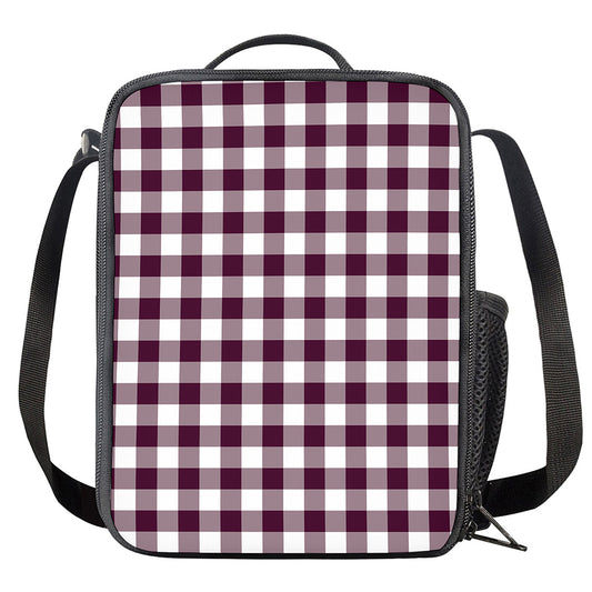 Burgundy And White Check Pattern Print Crossbody Lunch Bag