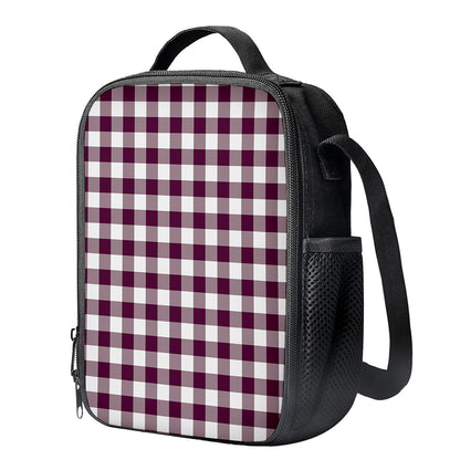 Burgundy And White Check Pattern Print Crossbody Lunch Bag