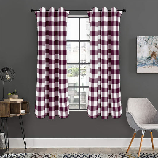 Burgundy And White Check Pattern Print Curtain