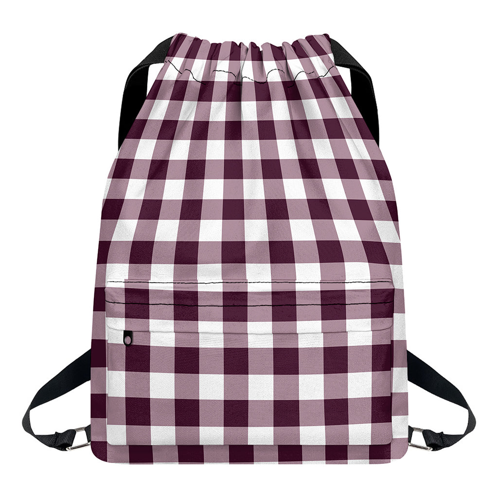 Burgundy And White Check Pattern Print Drawstring Backpack