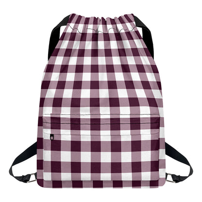 Burgundy And White Check Pattern Print Drawstring Backpack
