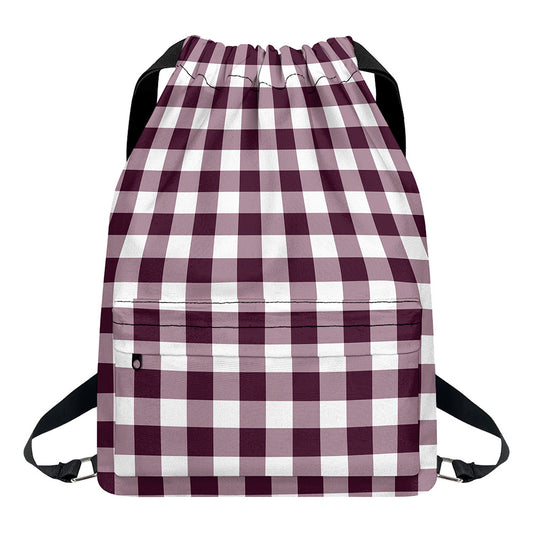Burgundy And White Check Pattern Print Drawstring Backpack