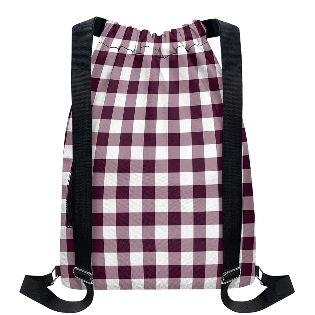 Burgundy And White Check Pattern Print Drawstring Backpack