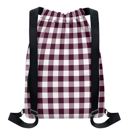 Burgundy And White Check Pattern Print Drawstring Backpack