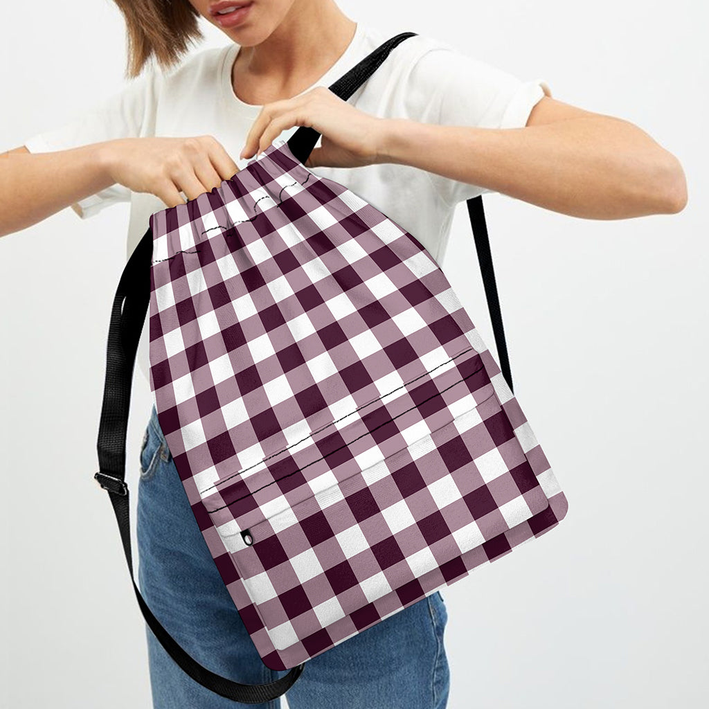 Burgundy And White Check Pattern Print Drawstring Backpack