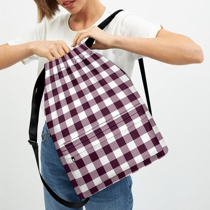 Burgundy And White Check Pattern Print Drawstring Backpack
