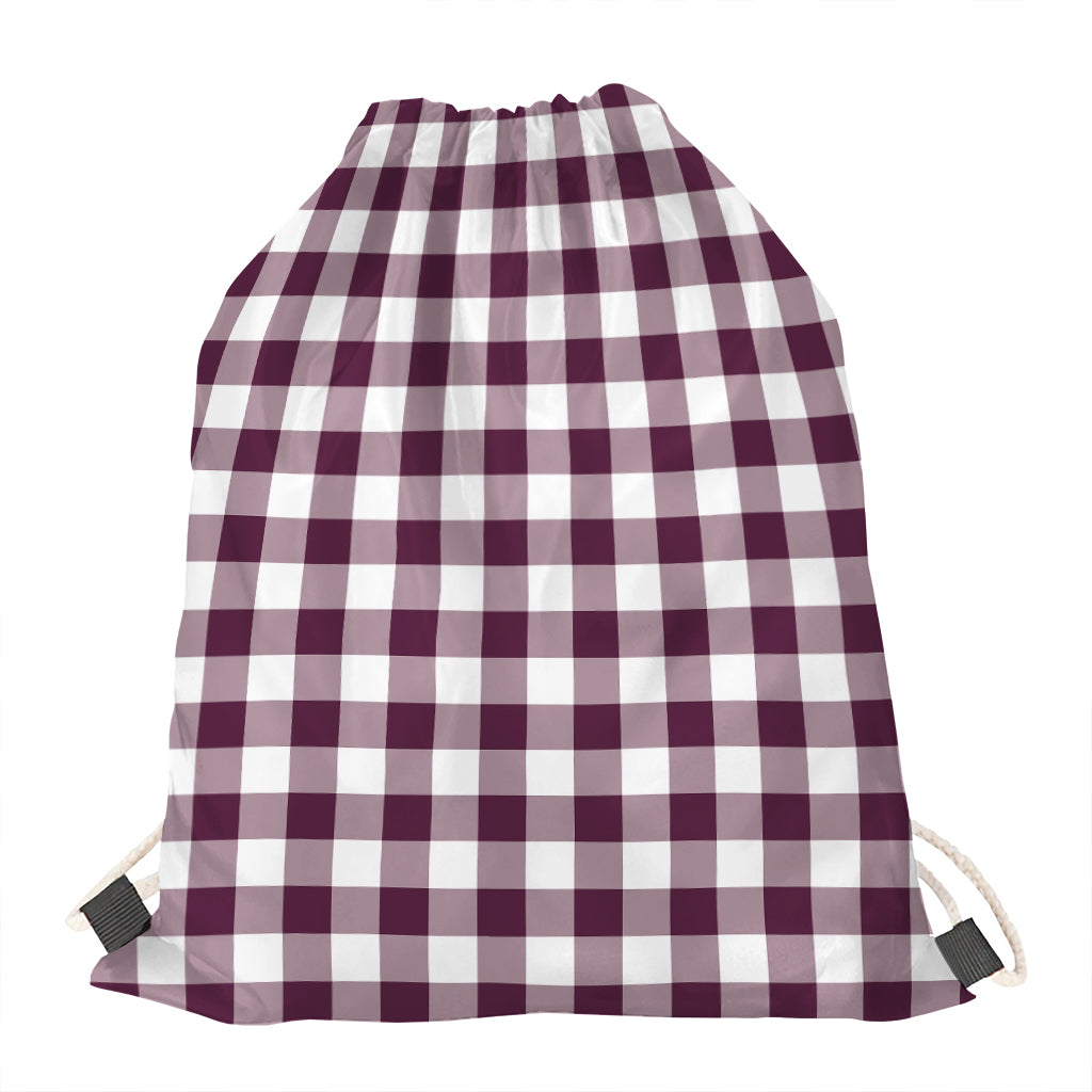 Burgundy And White Check Pattern Print Drawstring Bag