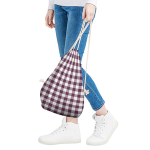 Burgundy And White Check Pattern Print Drawstring Bag