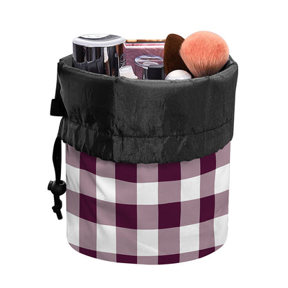 Burgundy And White Check Pattern Print Drawstring Makeup Bag